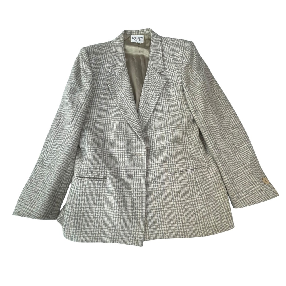 Vintage Plaid Blazer skirt suit‎ Tan Gray Made in USA Size 14 100% wool